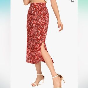 ‼️Red Floral Midi Skirt with Side Zipper